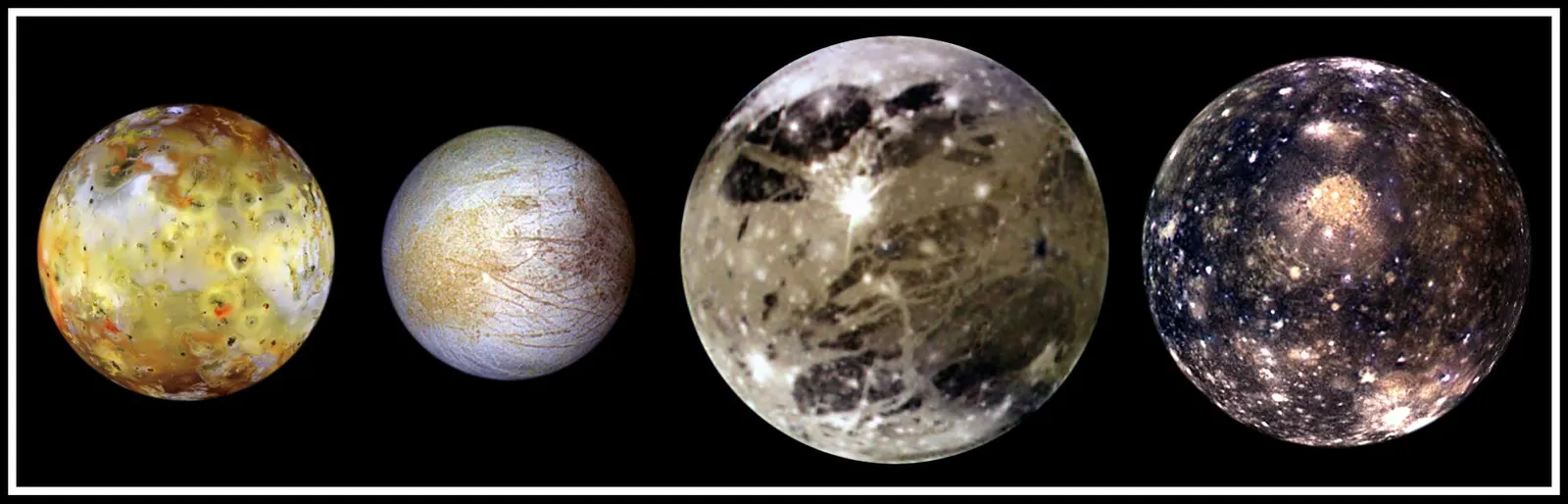 Four moons side by side at the same scale: orange-yellow Io, pale cracked Europa, large grey-brown Ganymede and dark cratered Callisto