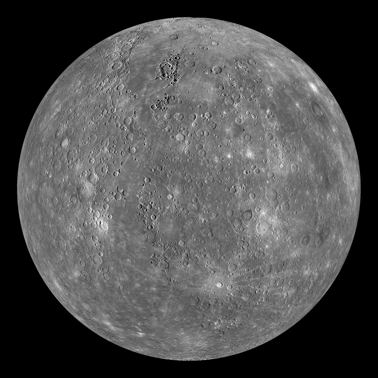 The grey globe of Mercury, densely cratered, with a bright rayed crater near the bottom.